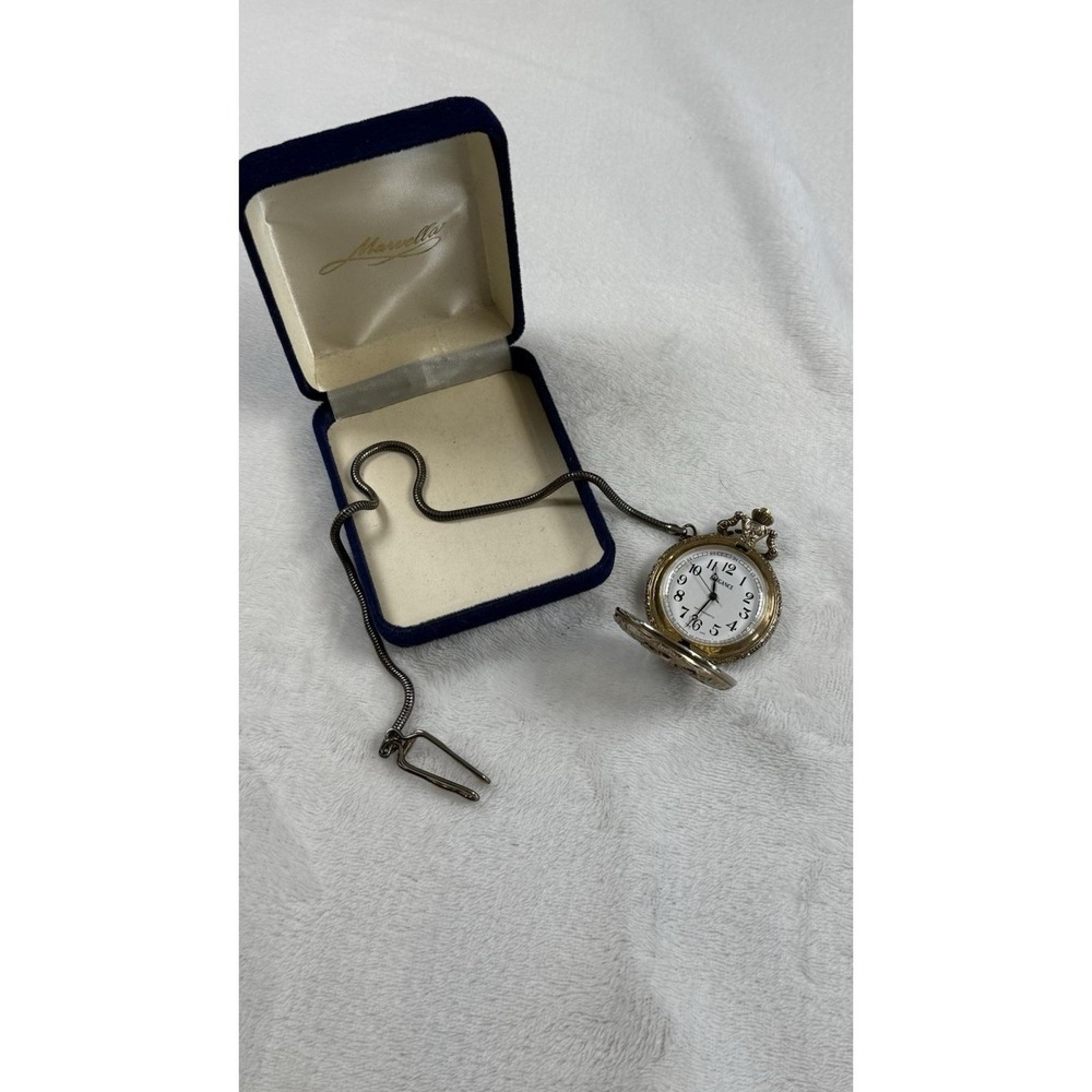 Elegance Quartz Pocket Watch w/ Chain & Case Ornate Hunter Style Not Tested